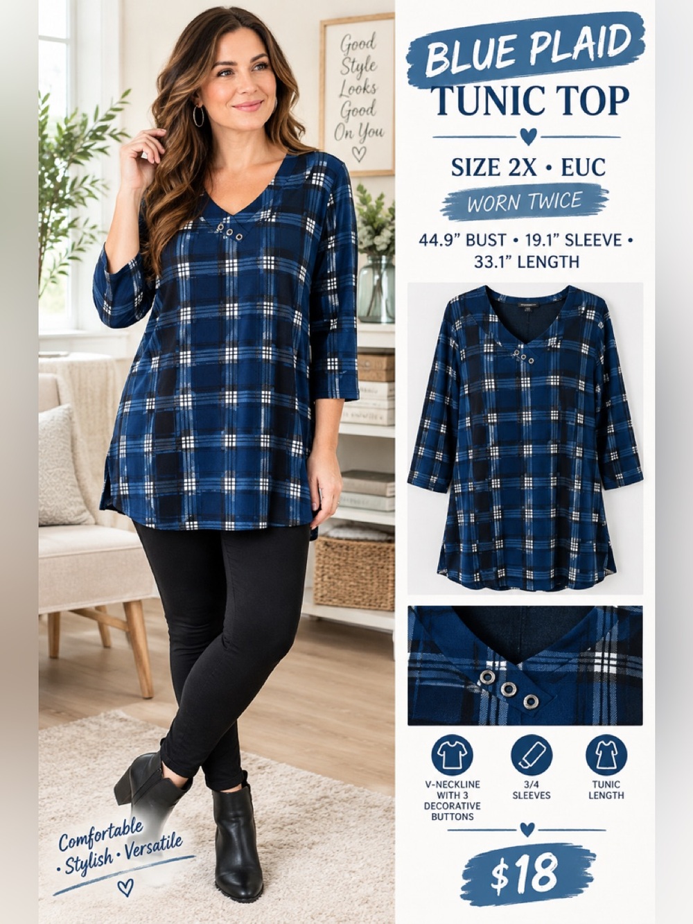 Blue Plaid Tunic Top – Size 2X
